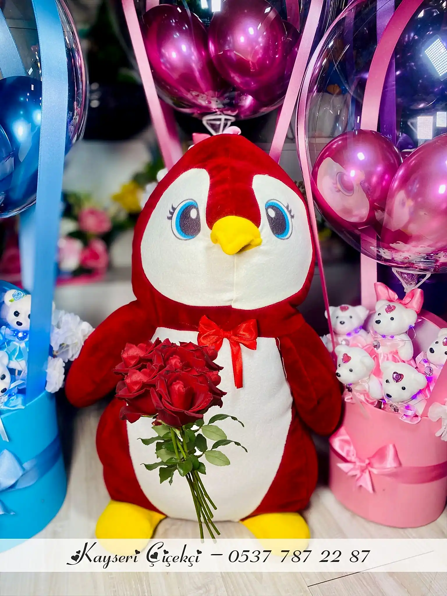 90 Cm Peluş Penguen 5 Gül