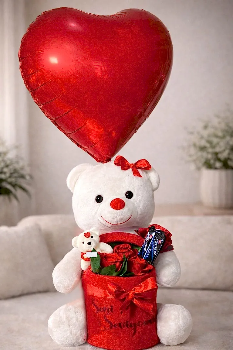 Peluş Kutulu Ayıcık Çikolata Yapay Gül (Uçan Balon Hediyeli)